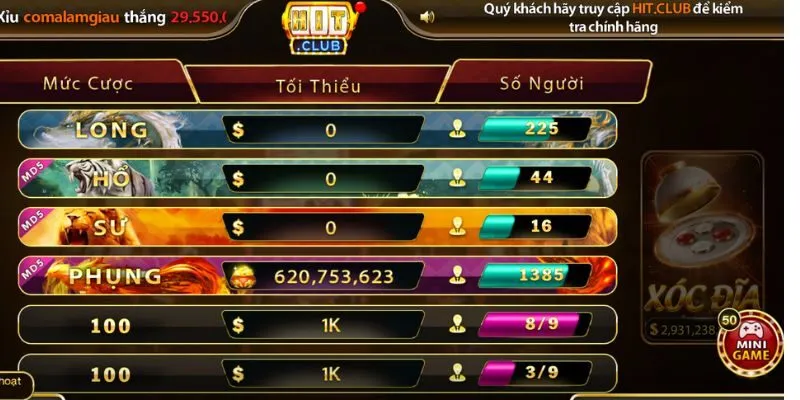 Xóc Đĩa là một trong những sảnh game tiêu biểu của Hitclub